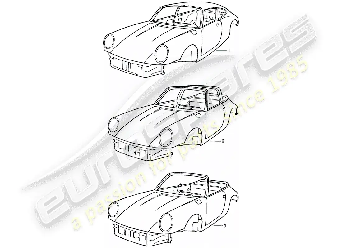 porsche 1987 (911) cuerpo del auto diagrama de piezas