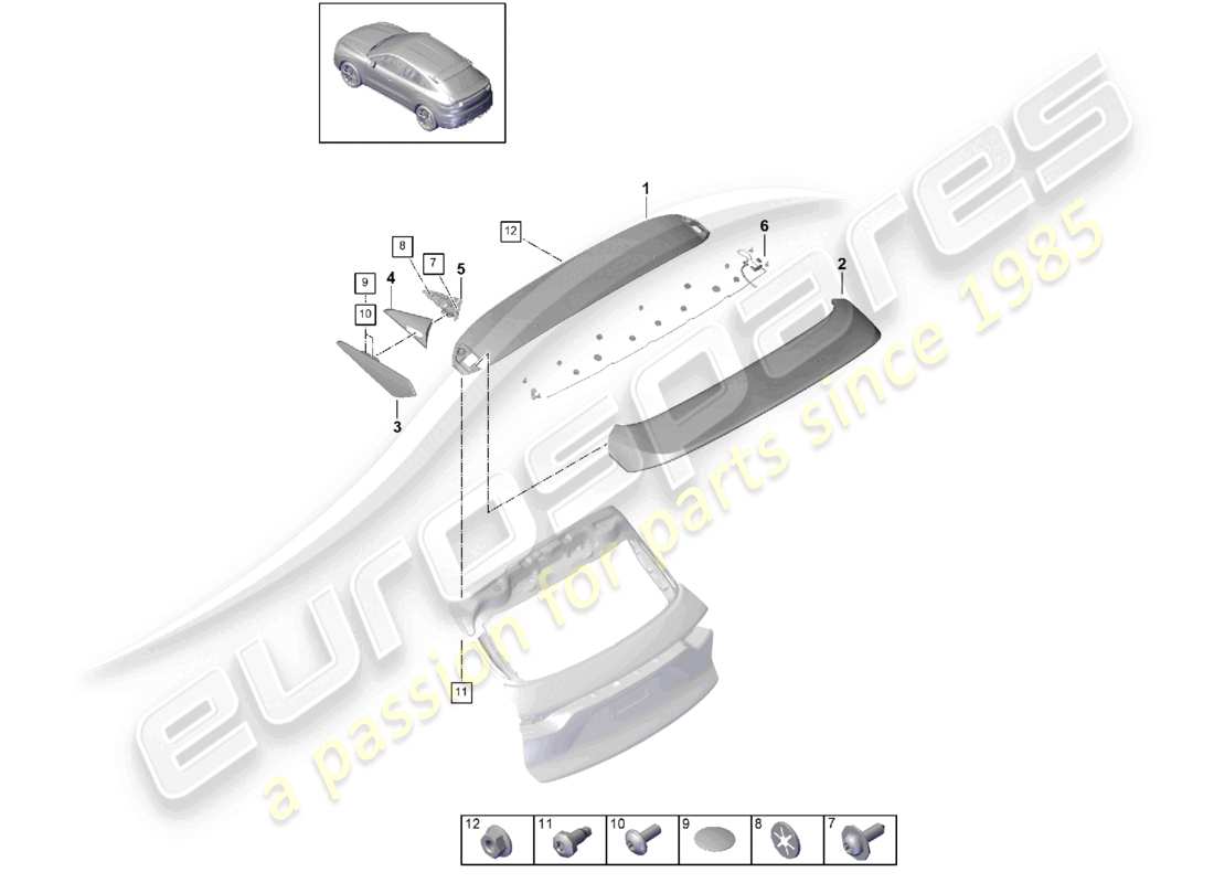porsche 2022 (cayenne e3 9ya/9yb) diagrama de piezas del alerón del borde del techo del turbo gt coupe