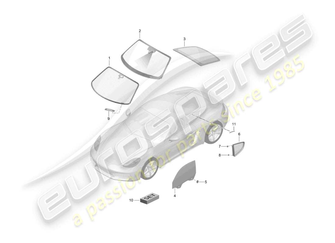 porsche 2024 (718 cayman) parabrisas ventana lateral ventana trasera diagrama de piezas