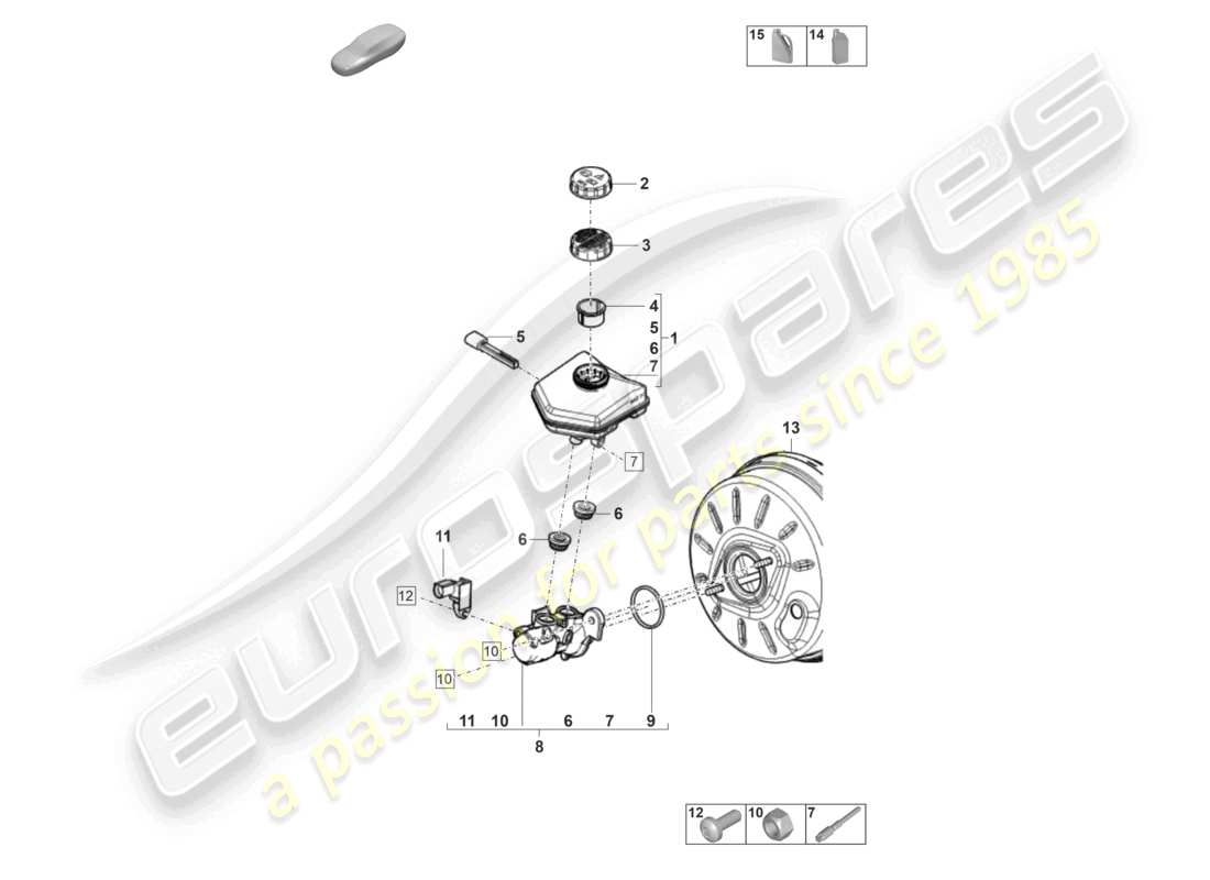 porsche 2022 (panamera 971-2) diagrama de piezas del depósito del cilindro maestro del freno tándem con piezas de fijación