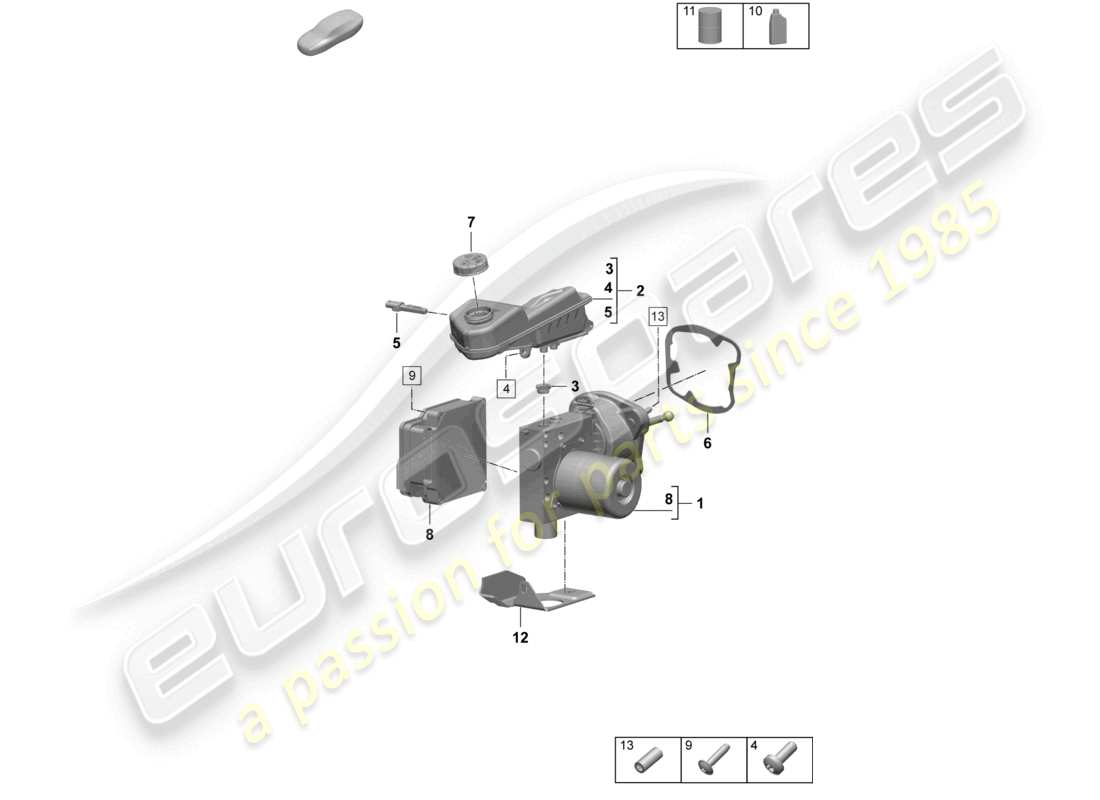 porsche 2025 (macan-e) diagrama de piezas del depósito del servofreno con piezas de fijación del cilindro maestro del freno tándem