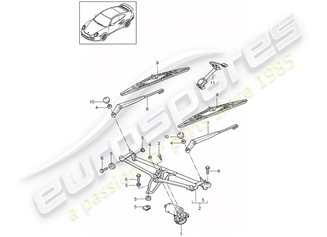 porsche 2011 (997-2 turbo / gt2 rs) sistema limpiaparabrisas compl. diagrama de piezas
