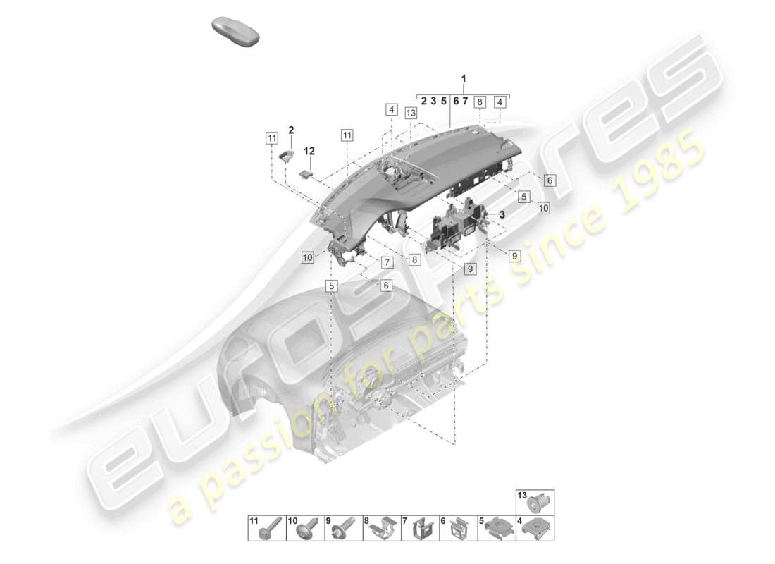 porsche 2022 (panamera 971-2) tablero parte superior con: sujetadores diagrama de piezas