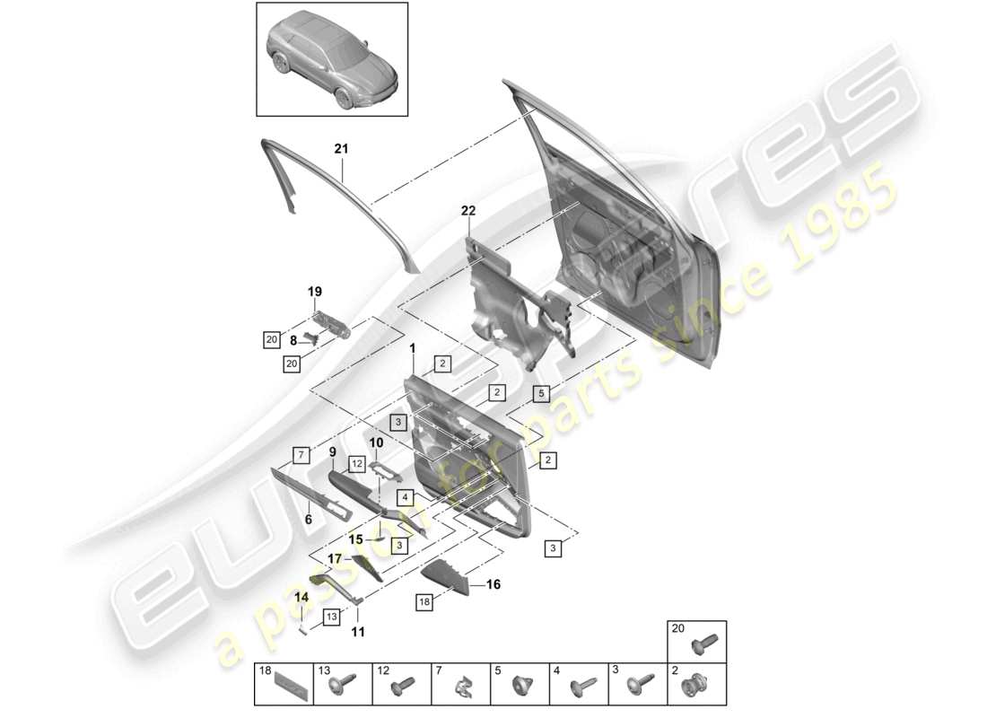 porsche 2022 (cayenne e3 9ya/9yb) diagrama de piezas de cuero del panel de la puerta delantera