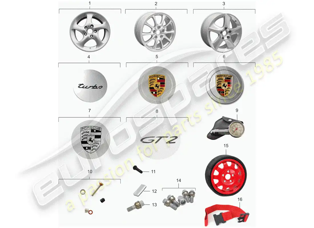 porsche 2005 (996 turbo / gt2) ruedas diagrama de piezas