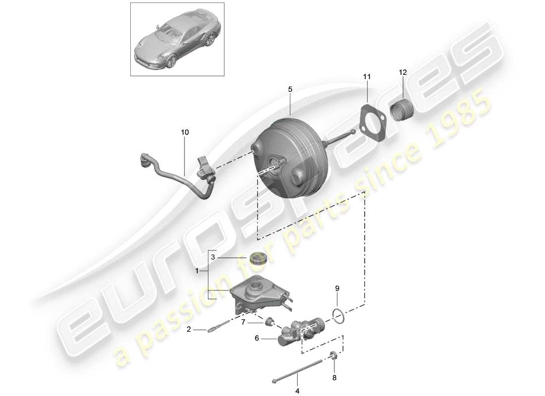 porsche 991 turbo (2018) diagrama de piezas del cilindro maestro de freno