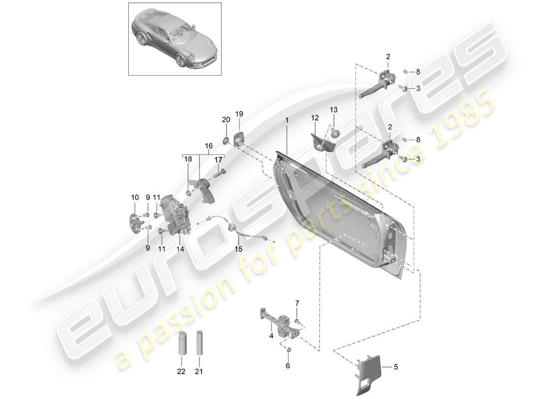 porsche 991 turbo (2018) diagrama de piezas de la carcasa de la puerta