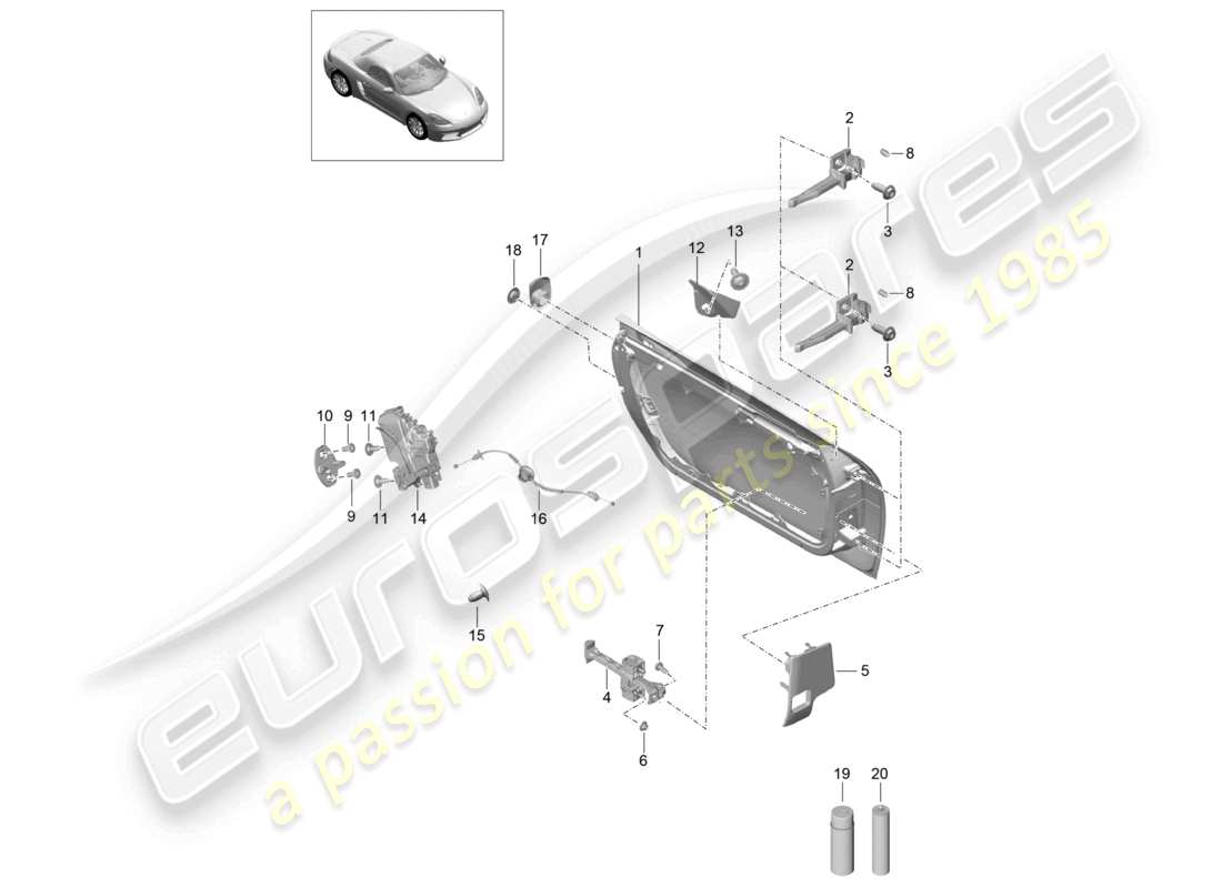 porsche 2024 (718 boxster) diagrama de piezas de la cerradura de la puerta de la carcasa de la puerta