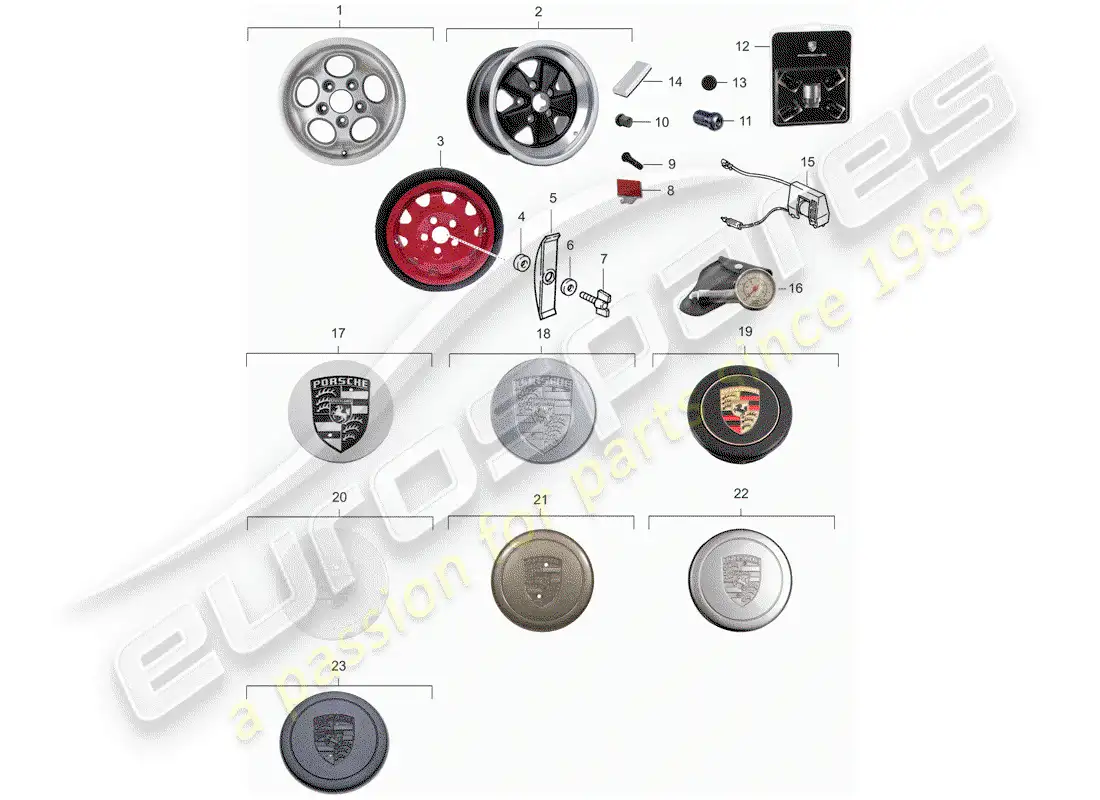 porsche 1985 (911) ruedas diagrama de piezas