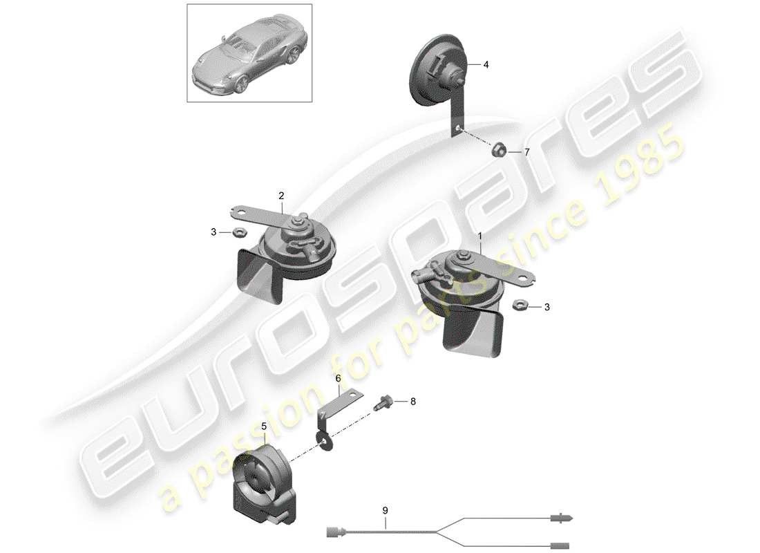 porsche 991 turbo (2018) diagrama de piezas de la bocina de fanfaria