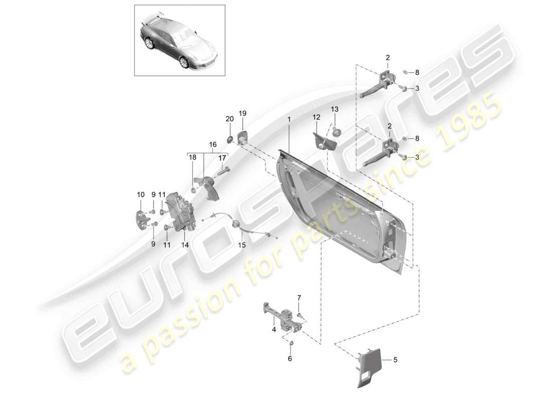 porsche 2021 (991-2 r/gt3/rs) diagrama de piezas de la cerradura de la puerta de la carcasa de la puerta