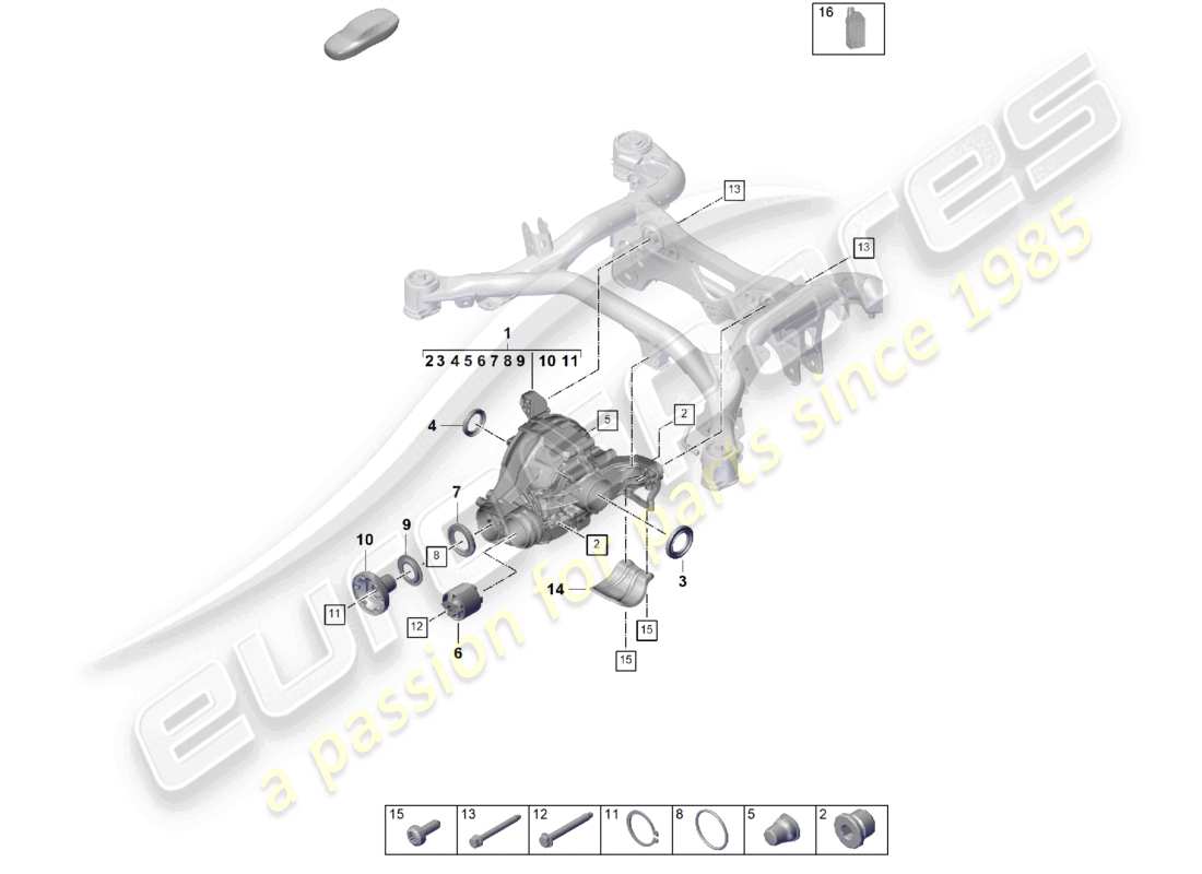 porsche 2023 (cayenne e3 pa) diagrama de piezas del diferencial del eje trasero para modelos sin bloqueo del diferencial