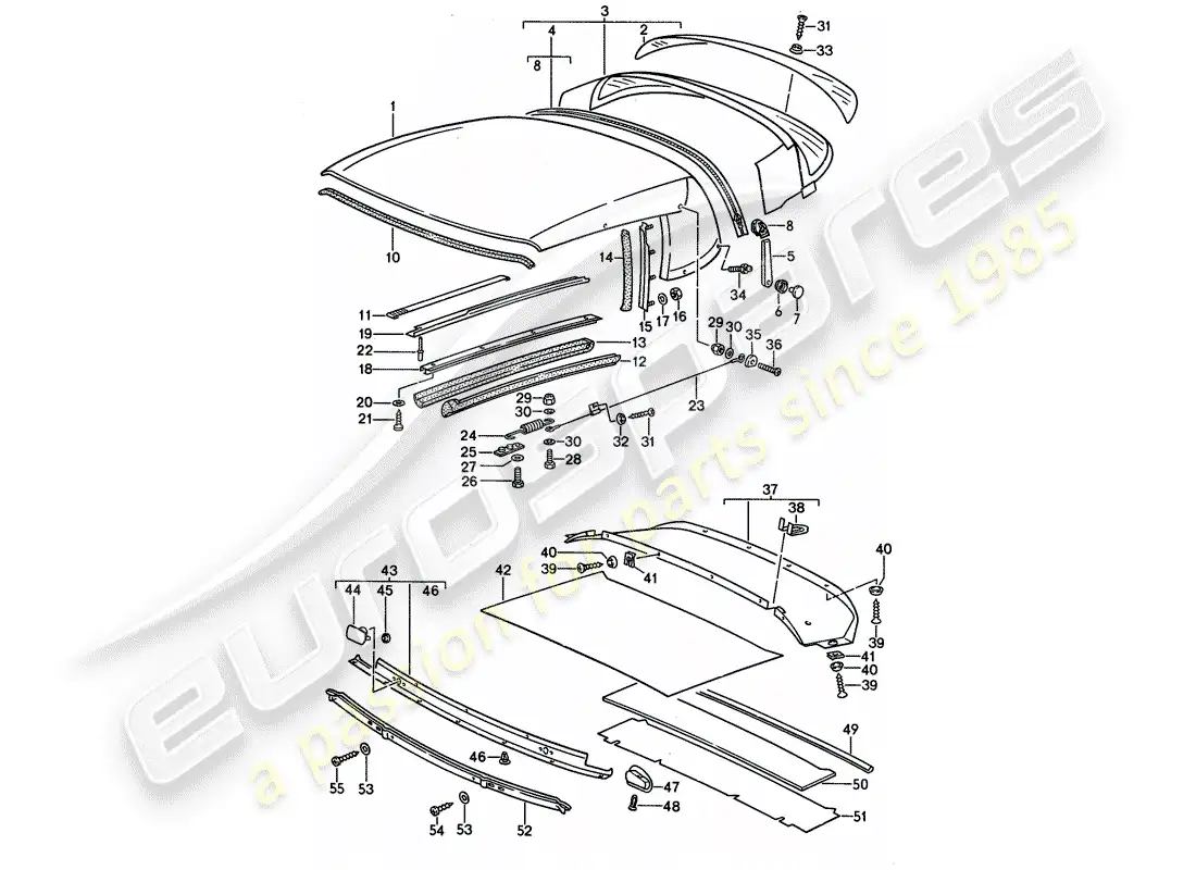 porsche 1989 (911) cubierta superior convertible - banda de sello - piezas individuales diagrama de piezas