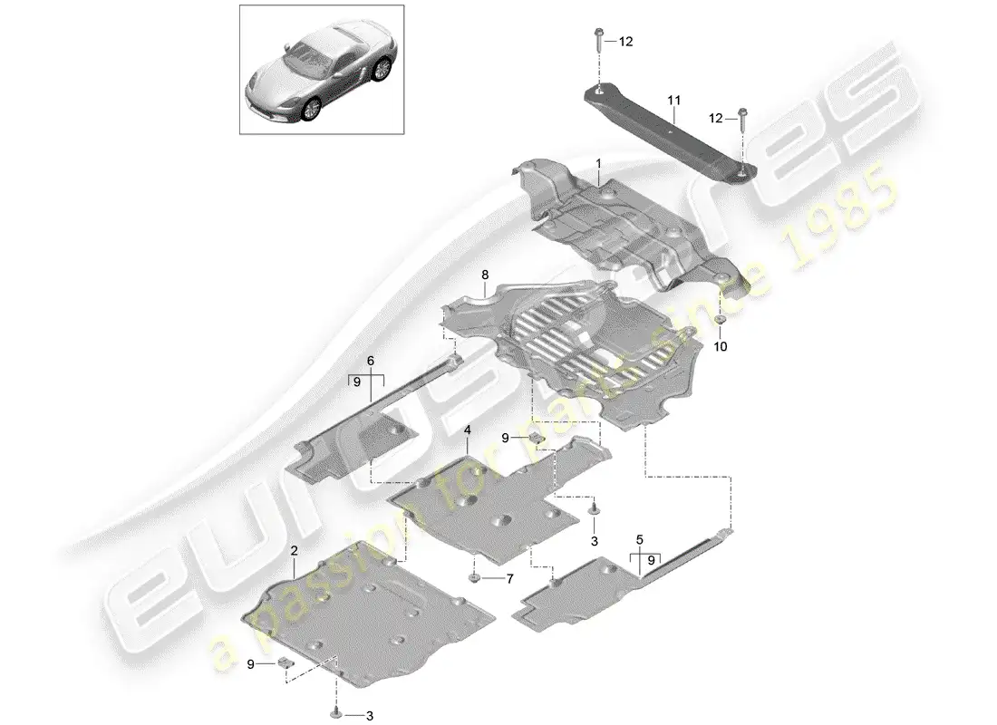 porsche 2019 (718 boxster) recubrimiento diagrama de piezas
