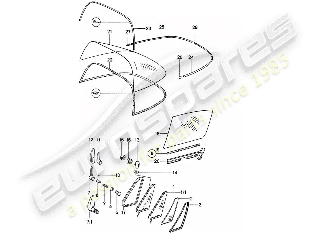 porsche 1975 (911) acristalamiento de ventanas diagrama de piezas