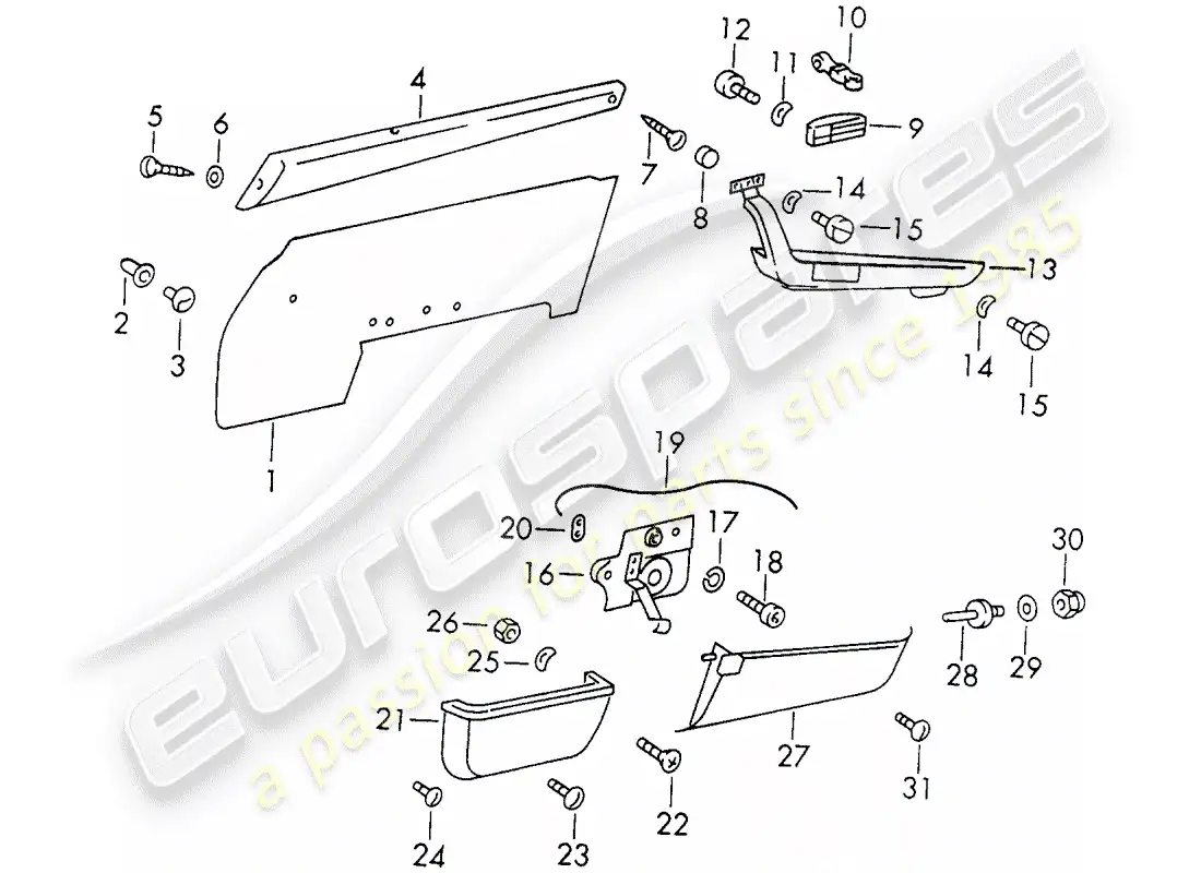 porsche 1972 (911) equipamiento interior - puertas diagrama de piezas