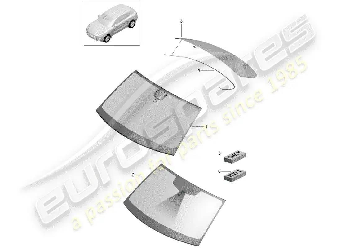 porsche 2016 (macan) vidrio del parabrisas diagrama de piezas