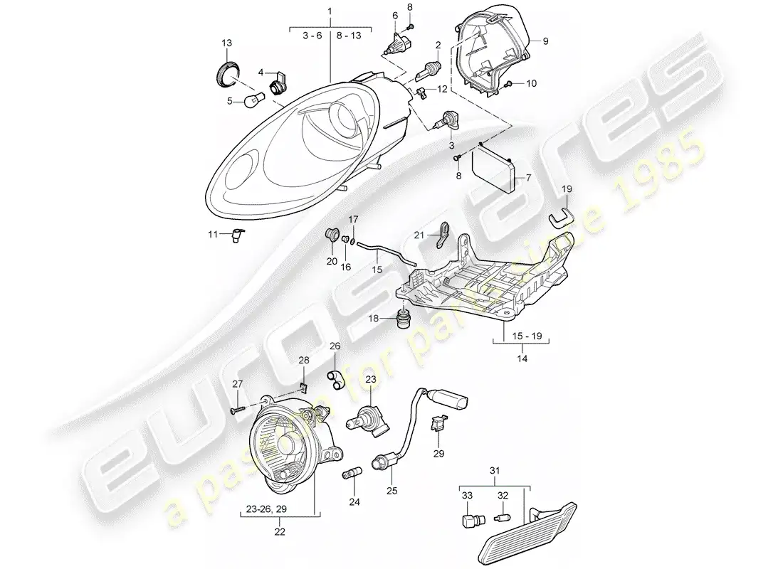 porsche 2006 (987 cayman) lámpara de cabeza diagrama de piezas