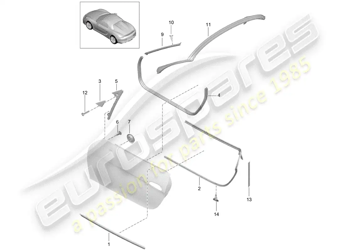 porsche 2016 (981 boxster spyder) junta de la puerta diagrama de piezas