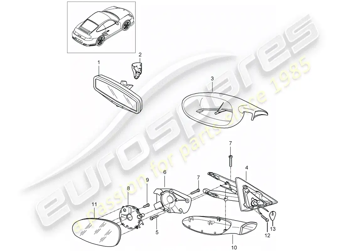 porsche 2009 997-2 turbo / gt2 espejo retrovisor interior diagrama de piezas