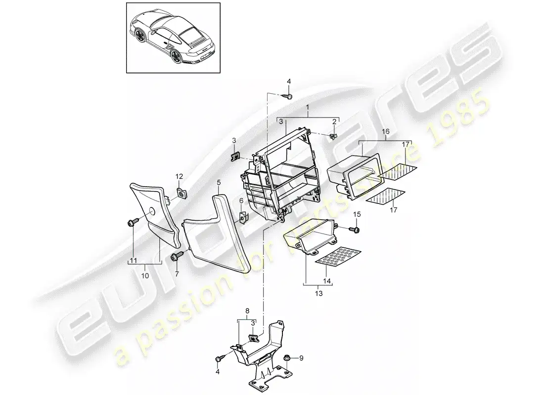 porsche 2013 (997-2 turbo / gt2 rs) center console diagrama de piezas