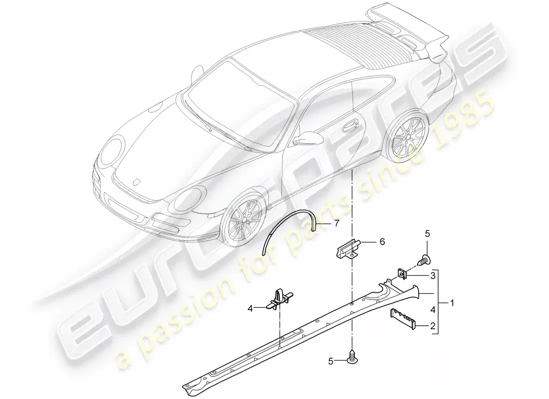 porsche 2008 (997-1 gt3) moldura de larguero diagrama de piezas