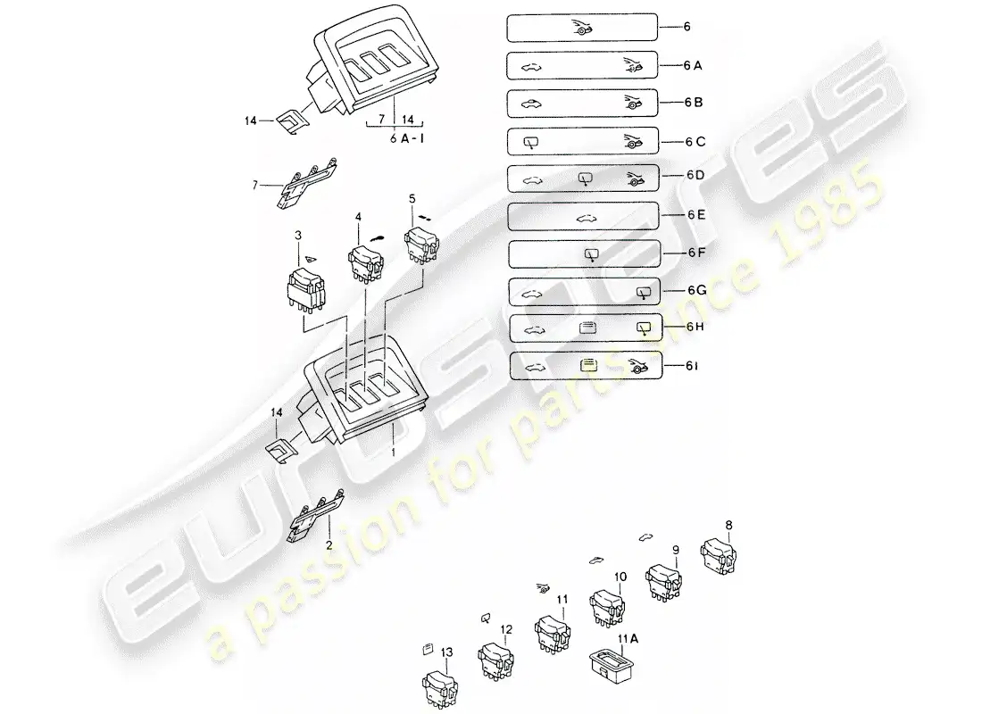 porsche 1995 (993) acabado - interruptor - consola central diagrama de piezas