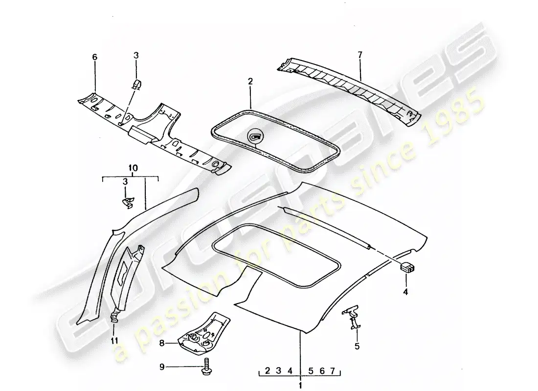 porsche 2004 (996) panel de adorno de techo - pilar a diagrama de piezas