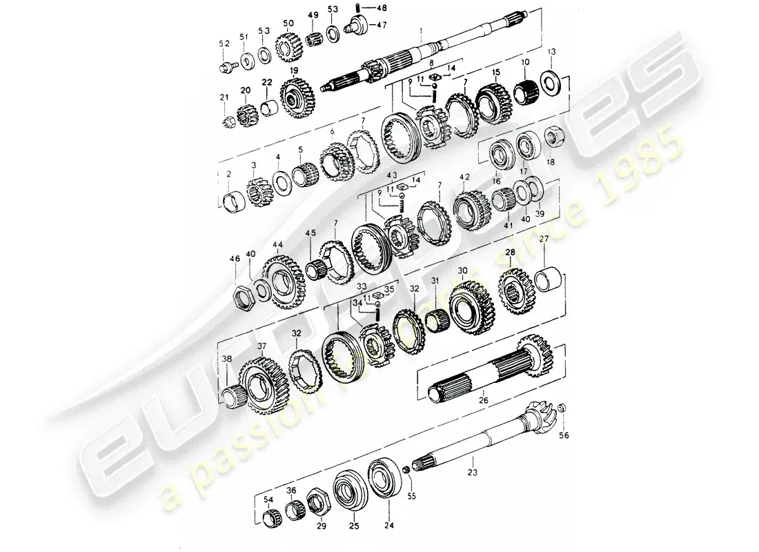 porsche 1990 (964) diagrama de piezas de engranajes y ejes