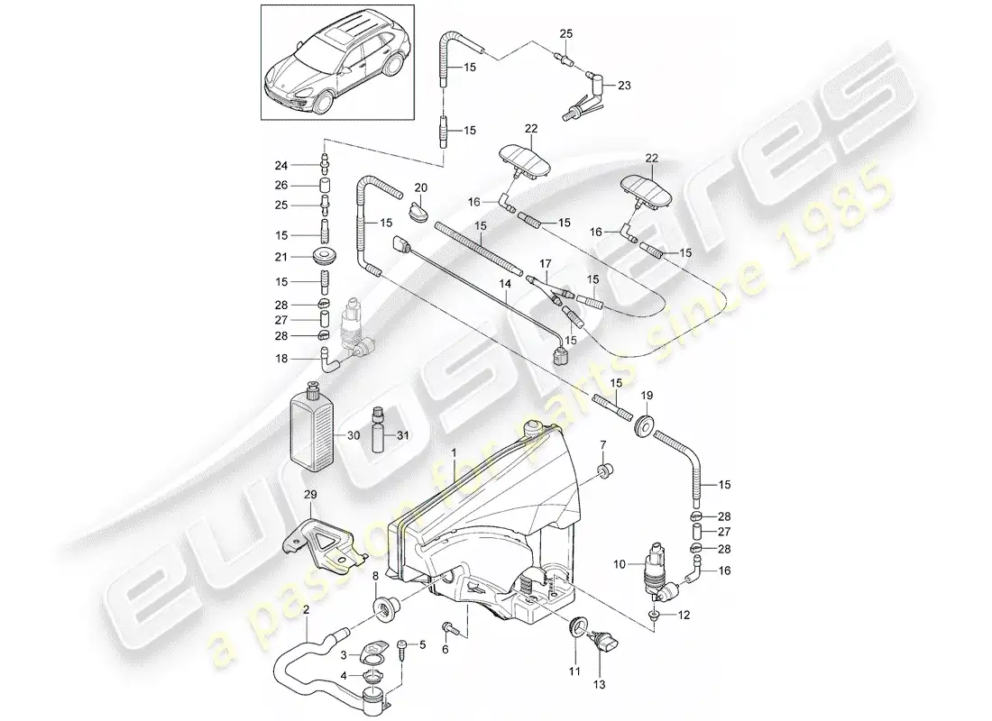 porsche 2014 (cayenne e2 92a) windshield washer unit diagrama de piezas