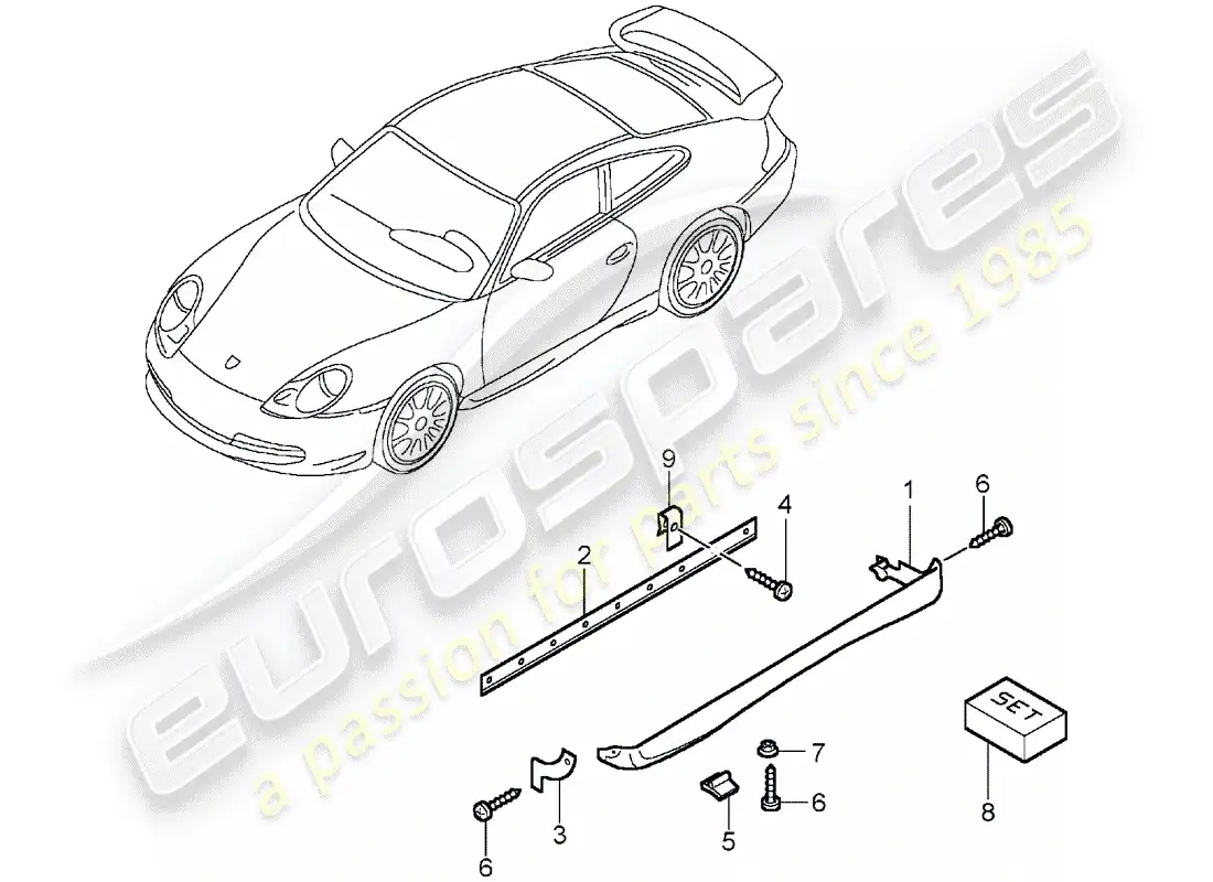 porsche 2002 (996 gt3) moldura de larguero diagrama de piezas