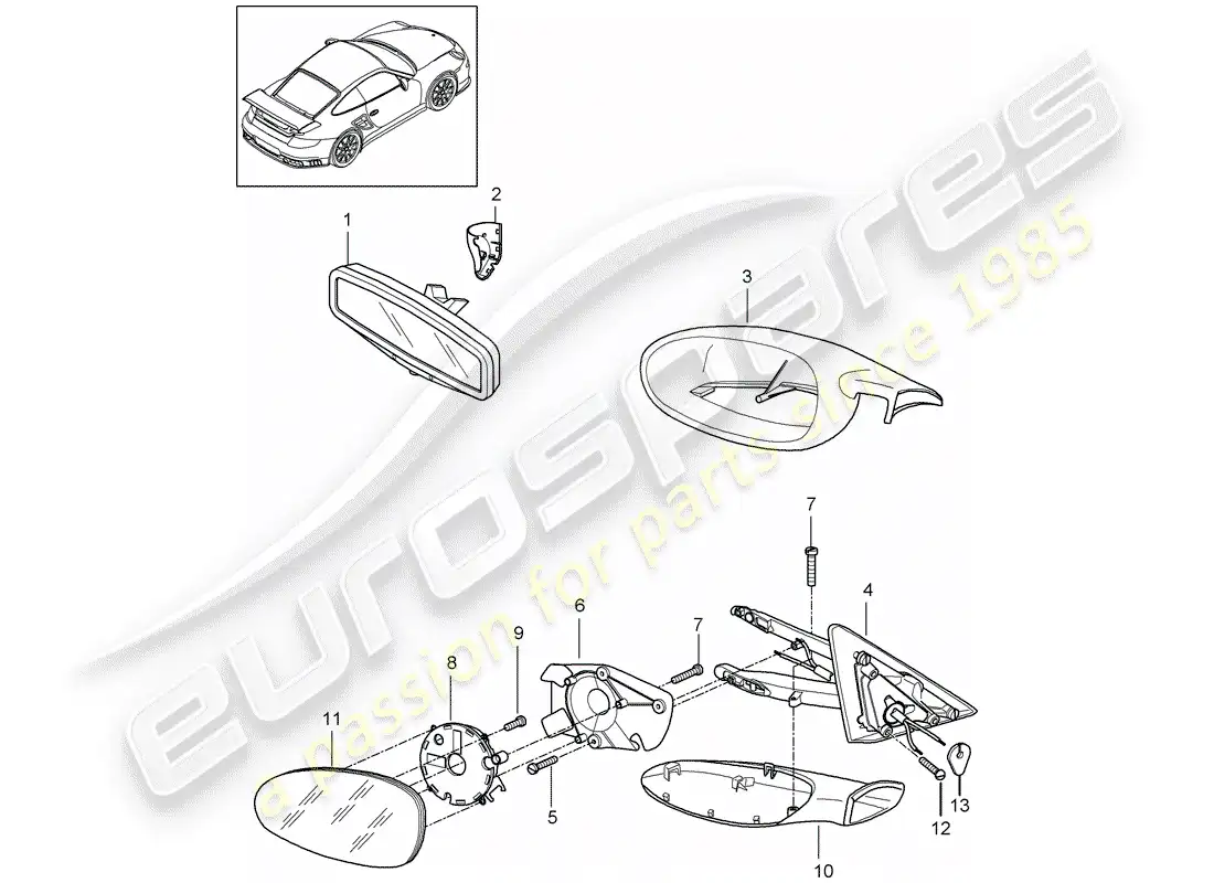 porsche 2007 (997-1 gt3) espejo retrovisor interior diagrama de piezas