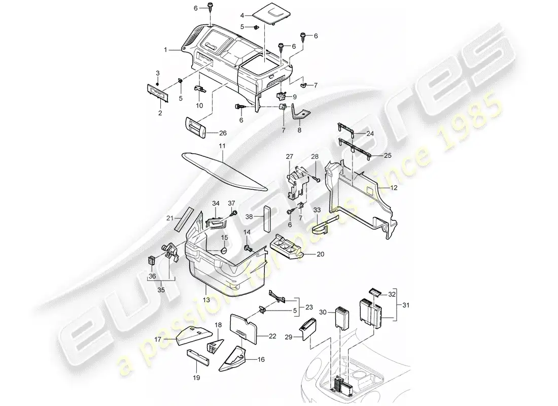 porsche 2008 (997-1) compartimiento de equipaje diagrama de piezas