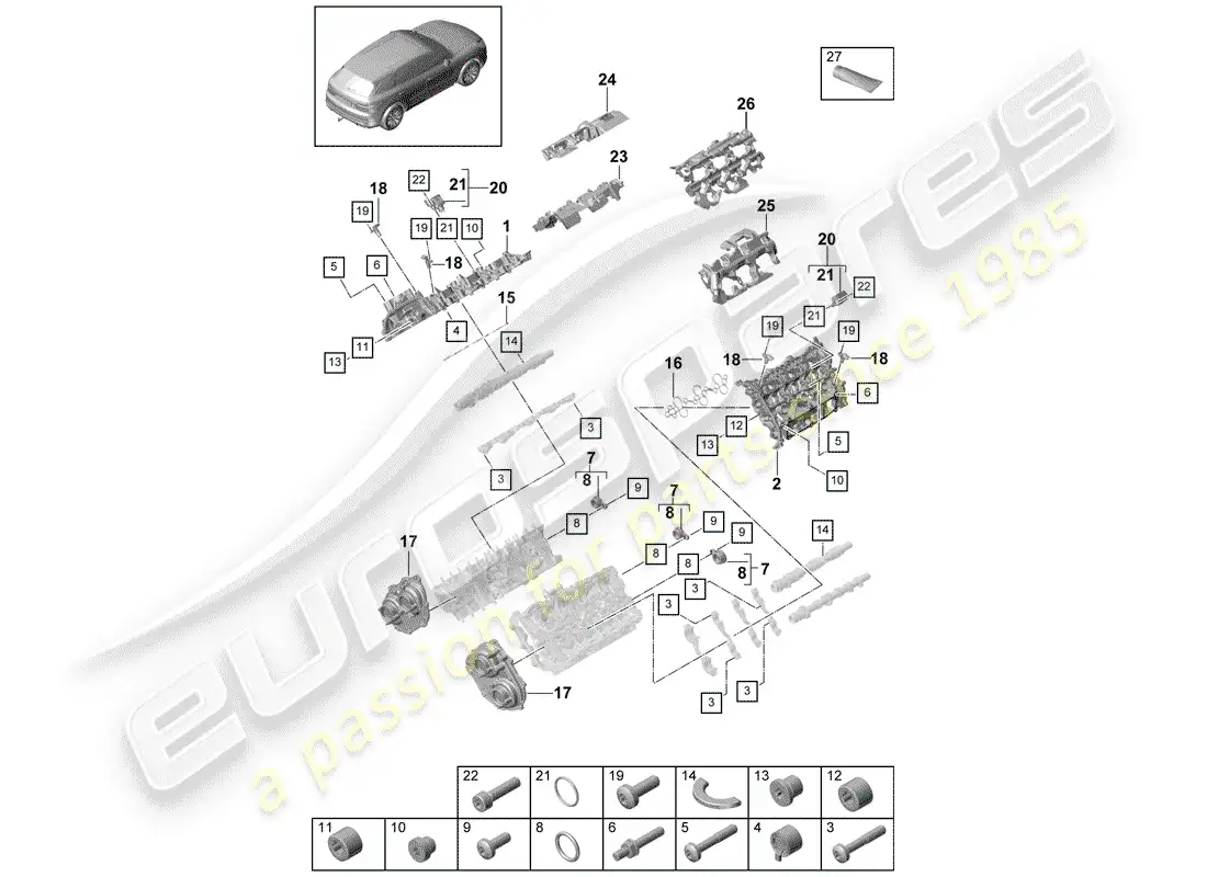 porsche 2019 (cayenne e3 9ya/9yb) cubierta de tapa de cilindro diagrama de piezas