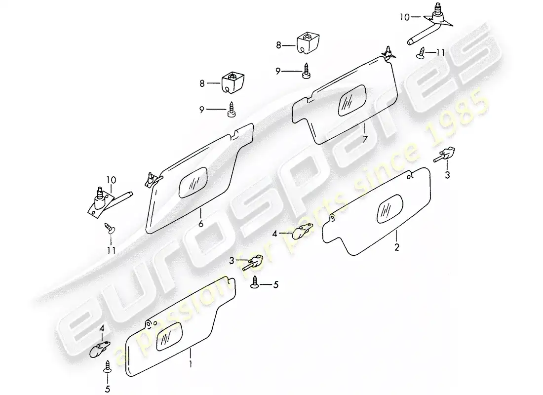 porsche 1968 (911/912) sun vizors diagrama de piezas