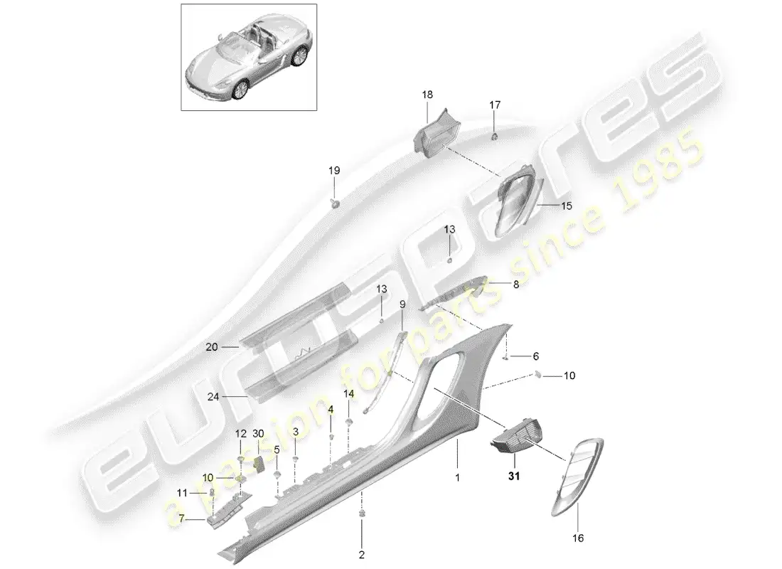 porsche 2018 (718 boxster) moldura de larguero diagrama de piezas