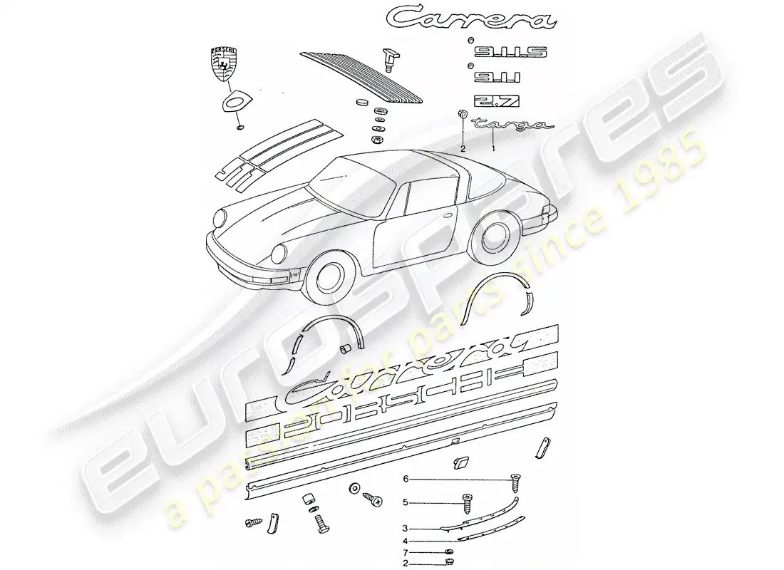 porsche 1976 (911) accesorios decorativos diagrama de piezas