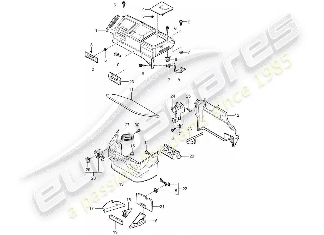 porsche 2008 (997-1 turbo / gt2) diagrama de piezas del compartimiento de equipaje