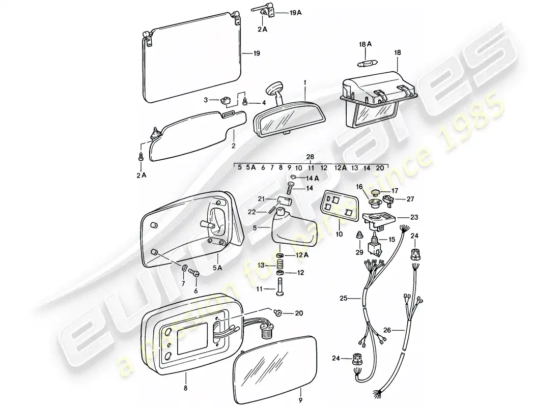 porsche 1985 (928) espejo retrovisor interior - visera solar - espejo retrovisor diagrama de piezas