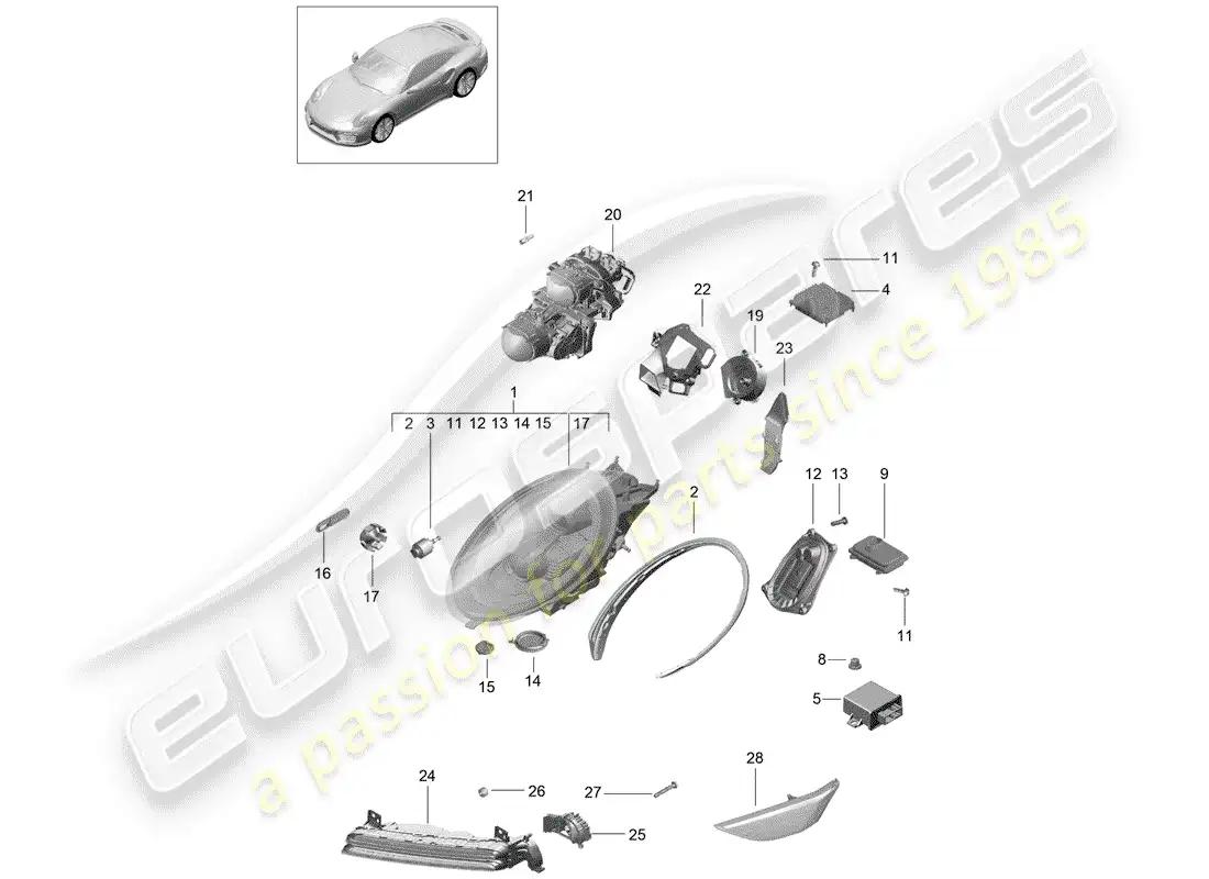 porsche 2015 (991-1 turbo) lámpara de cabeza diagrama de piezas