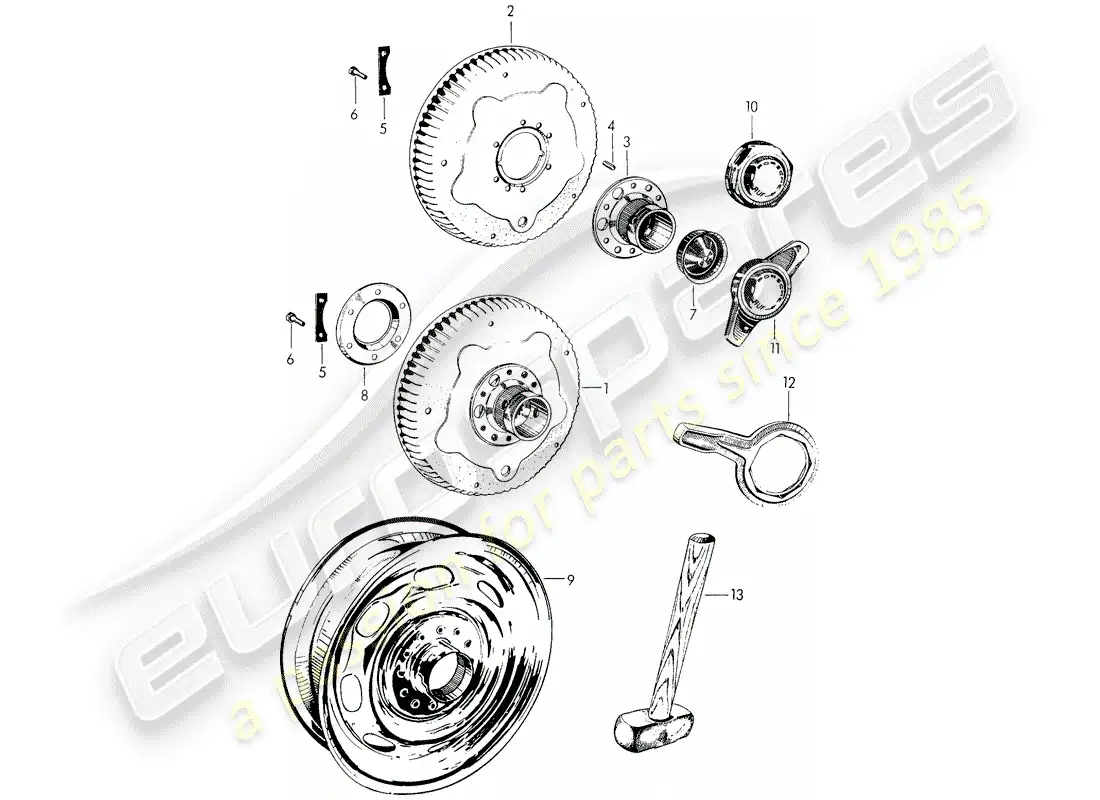 porsche 1959 (356/356a) rueda de disco perforado - cierre centralizado diagrama de piezas