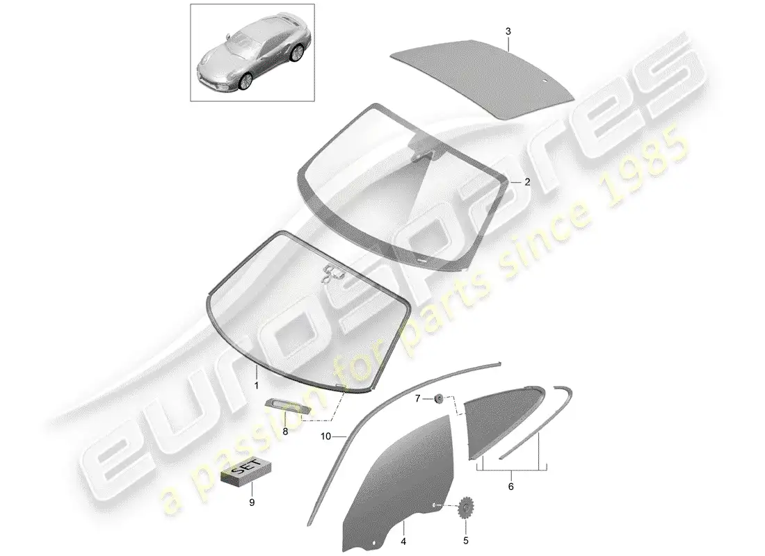 porsche 2015 (991-1 turbo) vidrio del parabrisas diagrama de piezas