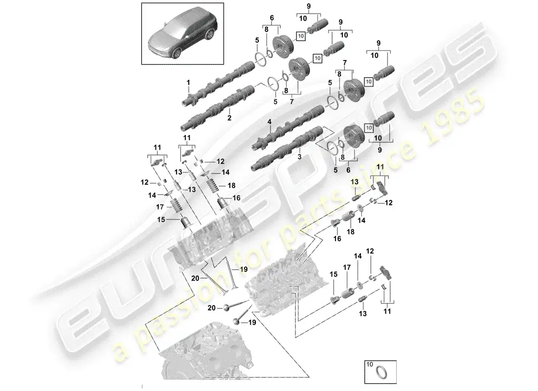 porsche 2020 (cayenne e3 9ya/9yb) árbol de levas, válvulas diagrama de piezas