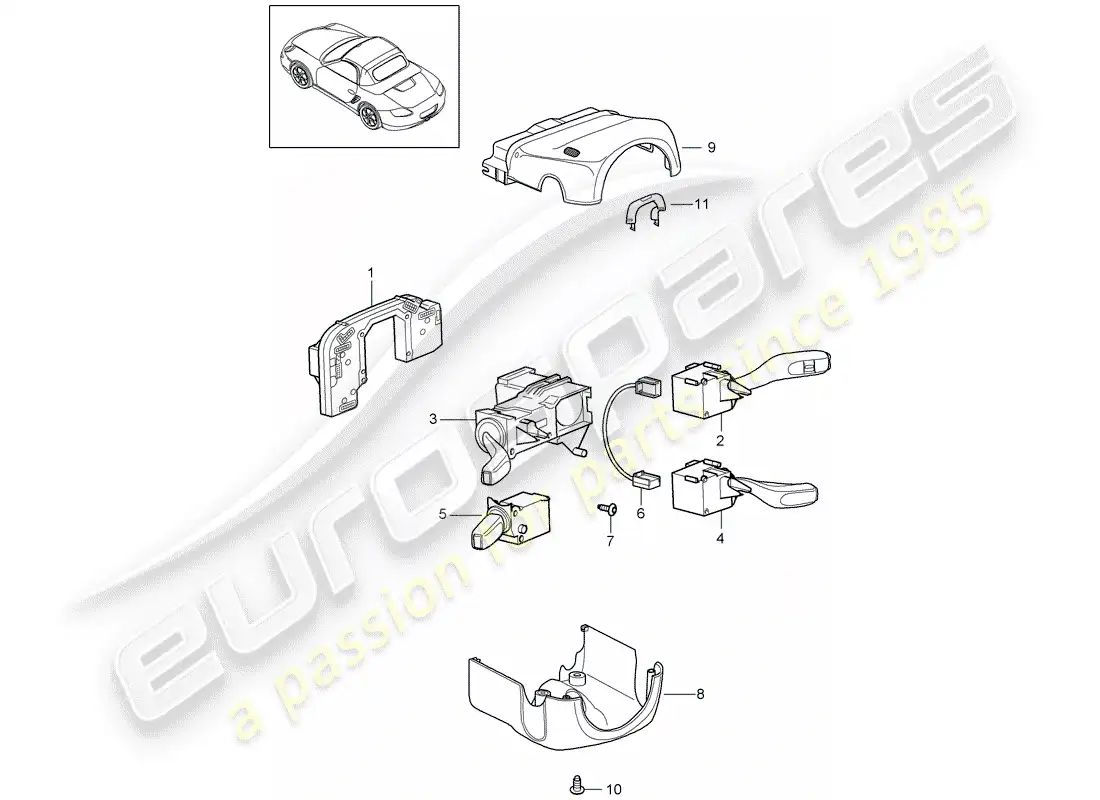 porsche 2009 (987 boxster) interruptor de la columna de dirección diagrama de piezas