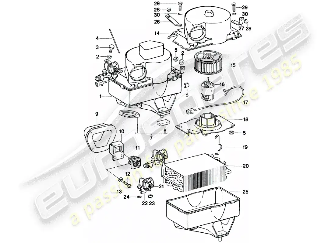 porsche 1983 (911) aire acondicionado - carcasa del evaporador - piezas individuales diagrama de piezas