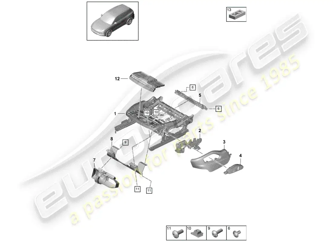 porsche 2020 (cayenne e3 9ya/9yb) estructura del asiento diagrama de piezas