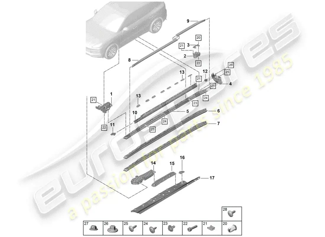 porsche 2018 (cayenne e3 9ya/9yb) moldura de larguero diagrama de piezas