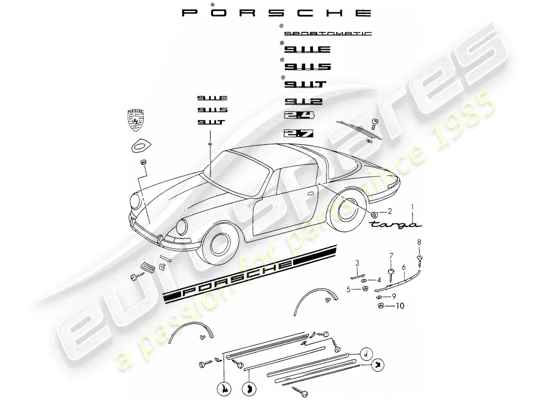 porsche 1971 (911) accesorios decorativos diagrama de piezas
