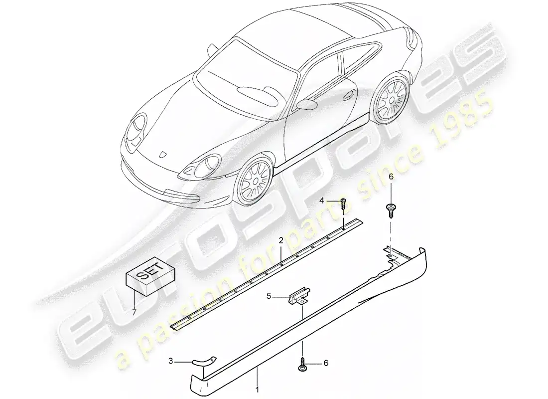 porsche 2000 (996) moldura de larguero diagrama de piezas