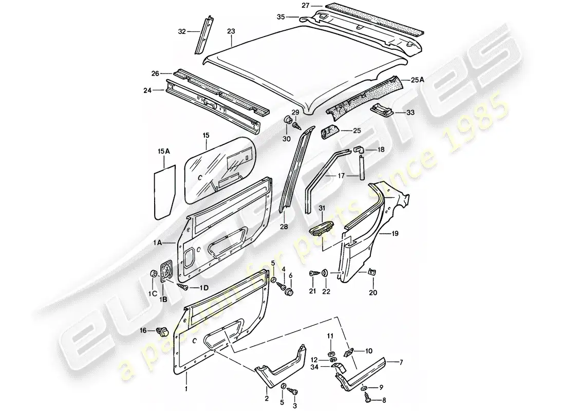 porsche 1982 (944) panel de la puerta - panel de decoración del techo diagrama de piezas